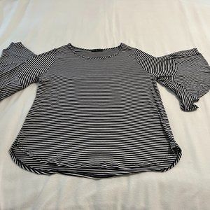 Stretch Navy and White Striped Kim and Cami Shirt with Flutter Sleeves Size 1x